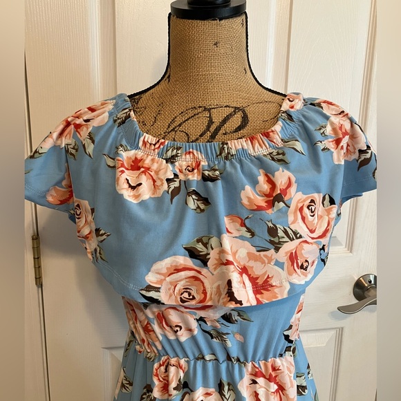 Hot Kiss baby blue pink floral high low stretchy dress off shoulder midi S - Picture 10 of 12